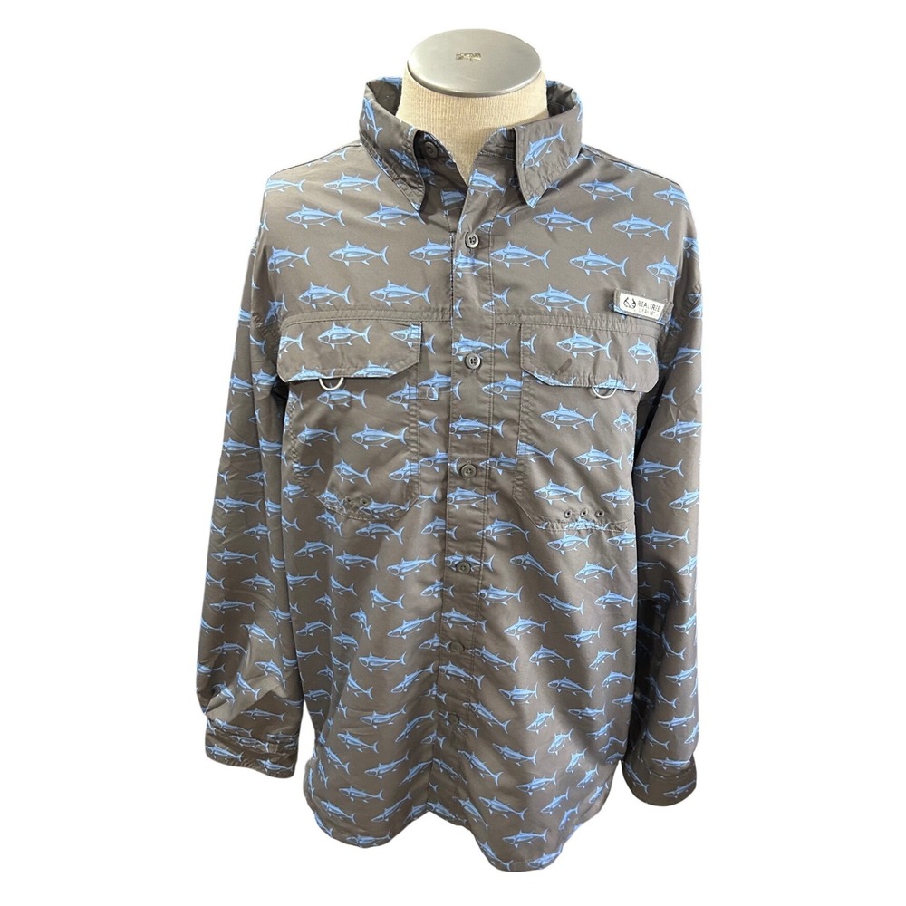 Realtree Fishing shirt Mens Medium Gray Blue Tuna Print Performance Vented LS